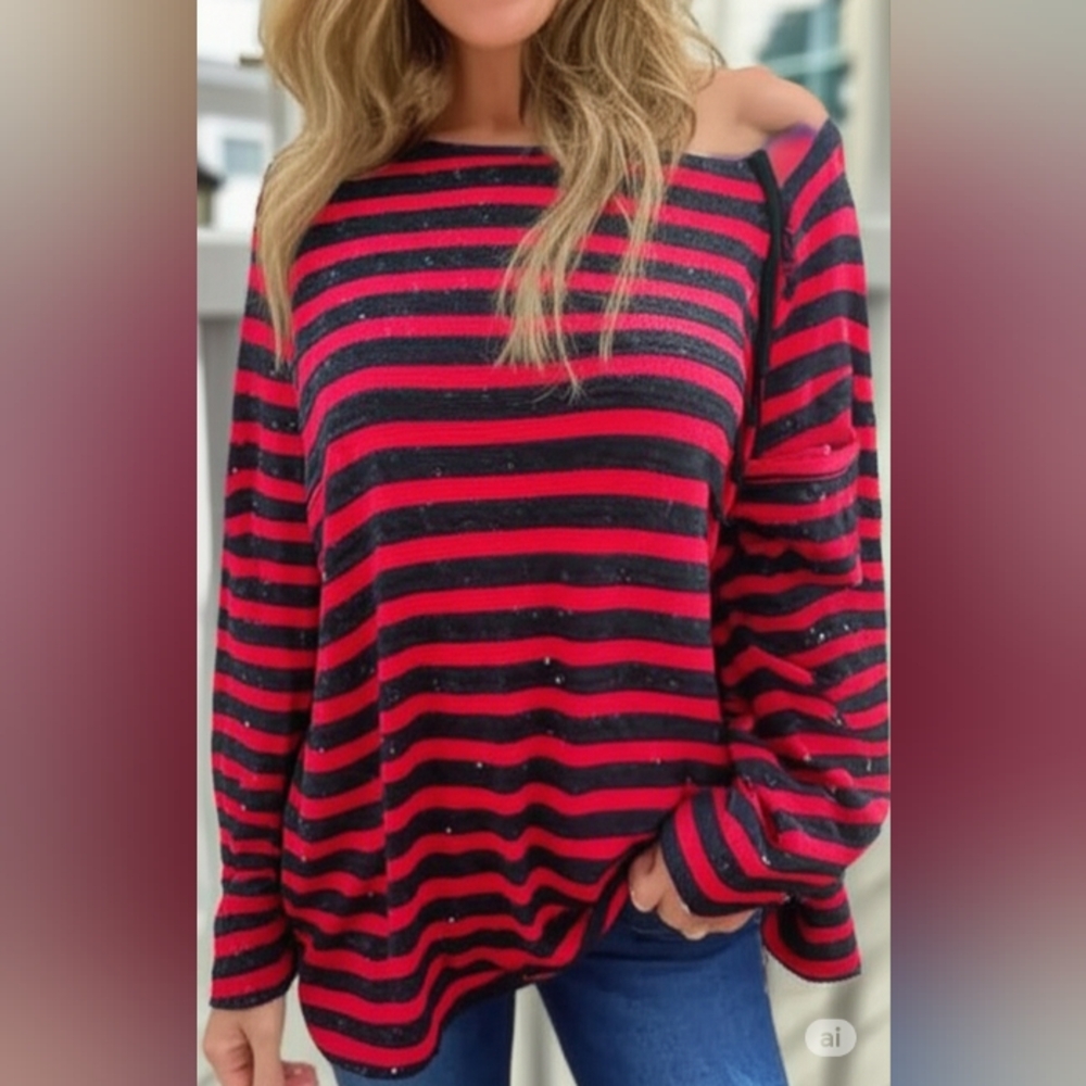 ONLY Red and Navy Blue Sequin Striped Knit Tunic, M